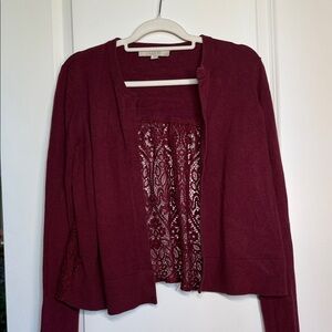 LOFT Cranberry Lace-Back Open Cardigan
